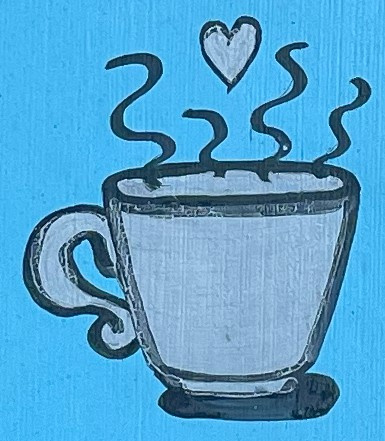 Detail of sandwich-board sign coffee cup doodle with a heart in the steam. Photo by Tim Collins