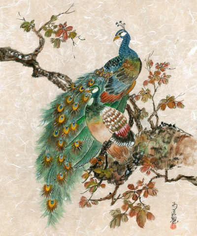 Peacock Pair - Painting by Charlotte Fung Miller 